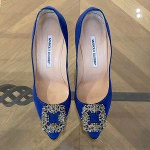 Monolo Blahnik blue satin heels.